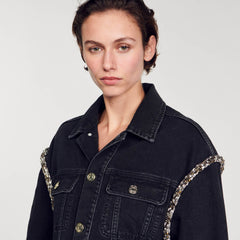 Sandro / Oversized denim jacket with rhinestones Black
