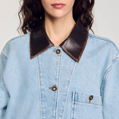 Sandro / Denim jacket with leather collar Light Bu Jean