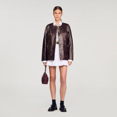 Sandro / Long distressed leather jacket Black Brown