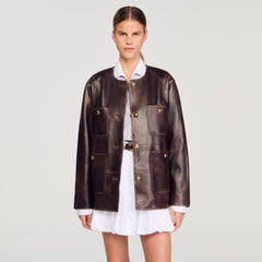 Sandro / Long distressed leather jacket Black Brown
