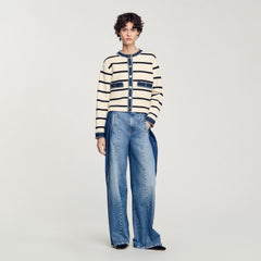 Sandro / Striped cardigan with denim details Ecru