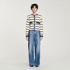 Sandro / Striped cardigan with denim details Ecru