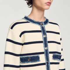 Sandro / Striped cardigan with denim details Ecru