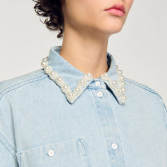 Sandro / Denim shirt with beaded collar Light Bu Jean