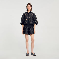 Sandro / Oversized shirt with rhinestones holes Black