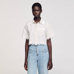 Sandro / Striped cropped shirt with lace trim Ecru / Jean
