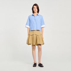 Sandro / Cropped small-check shirt Ciel / Blanc