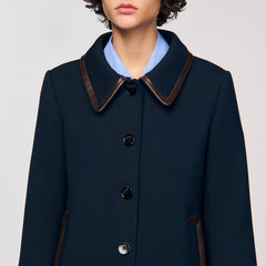 Sandro / Coat with leather stripes Navy Blue