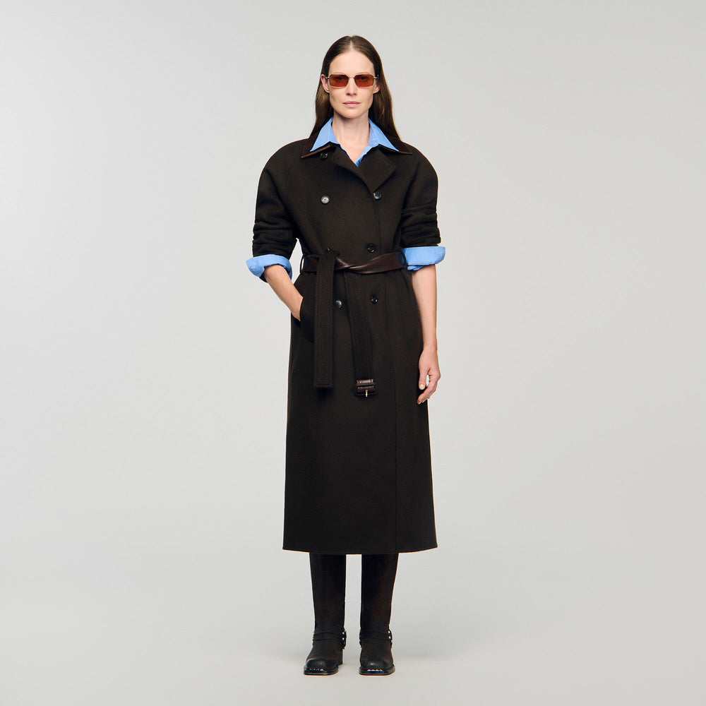 Sandro / Long wool and leather coat Brown