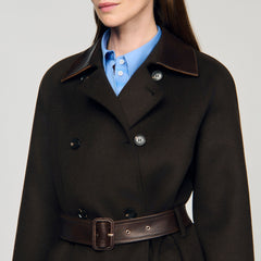 Sandro / Long wool and leather coat Brown