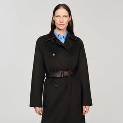 Sandro / Long wool and leather coat Brown