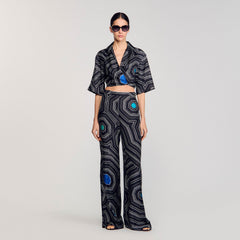 Sandro / Spiral-print silk trousers Black
