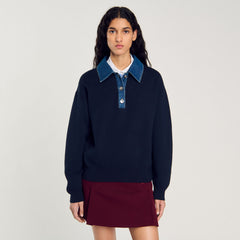 Sandro / sweater with denim collar Navy Blue