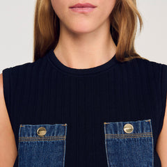 Sandro / Knit and denim top Navy Blue