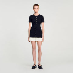 Sandro / Mini knit dress with ruffle Black / Ecru