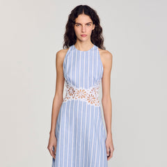 Sandro / Striped maxi dress with lace Blu / White