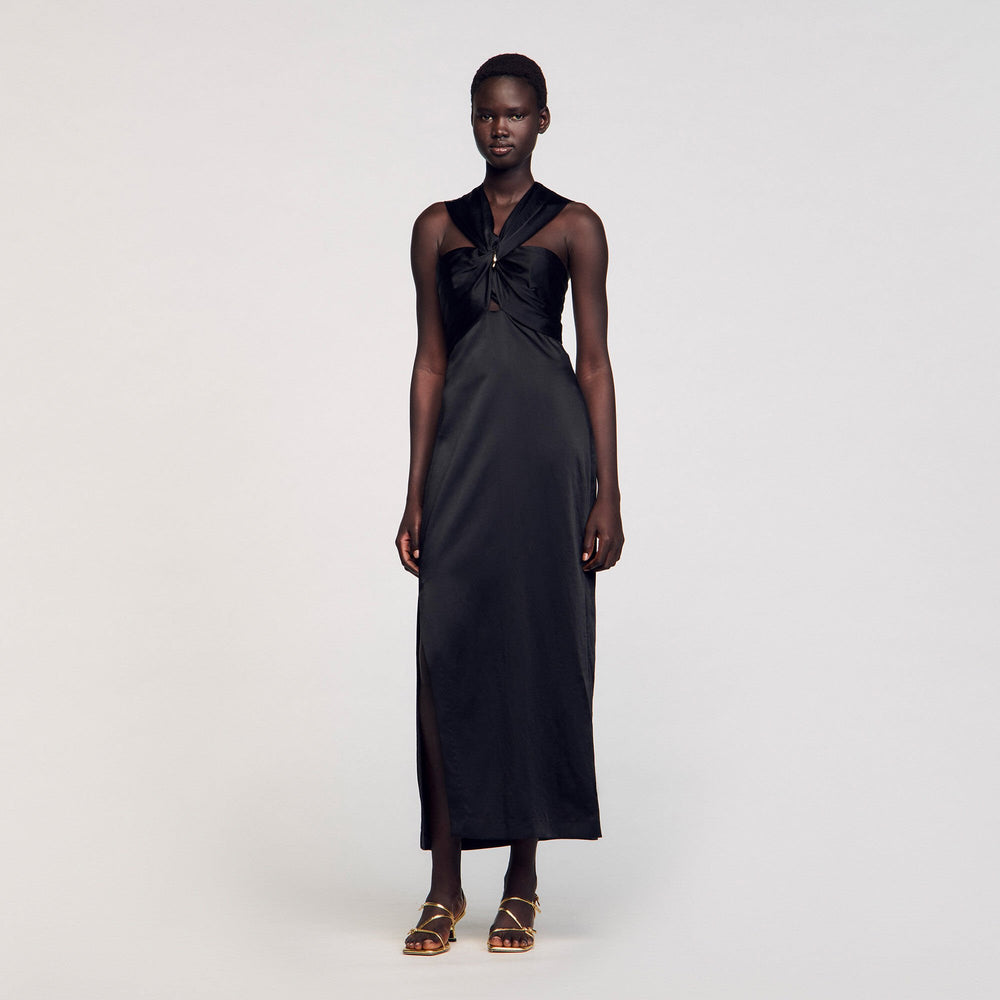 Sandro / Slit satin-effect maxi dress Black
