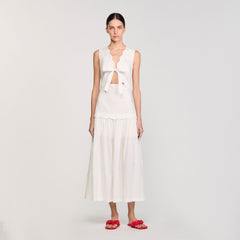 Sandro / Crinkled maxi dress with bow Ecru