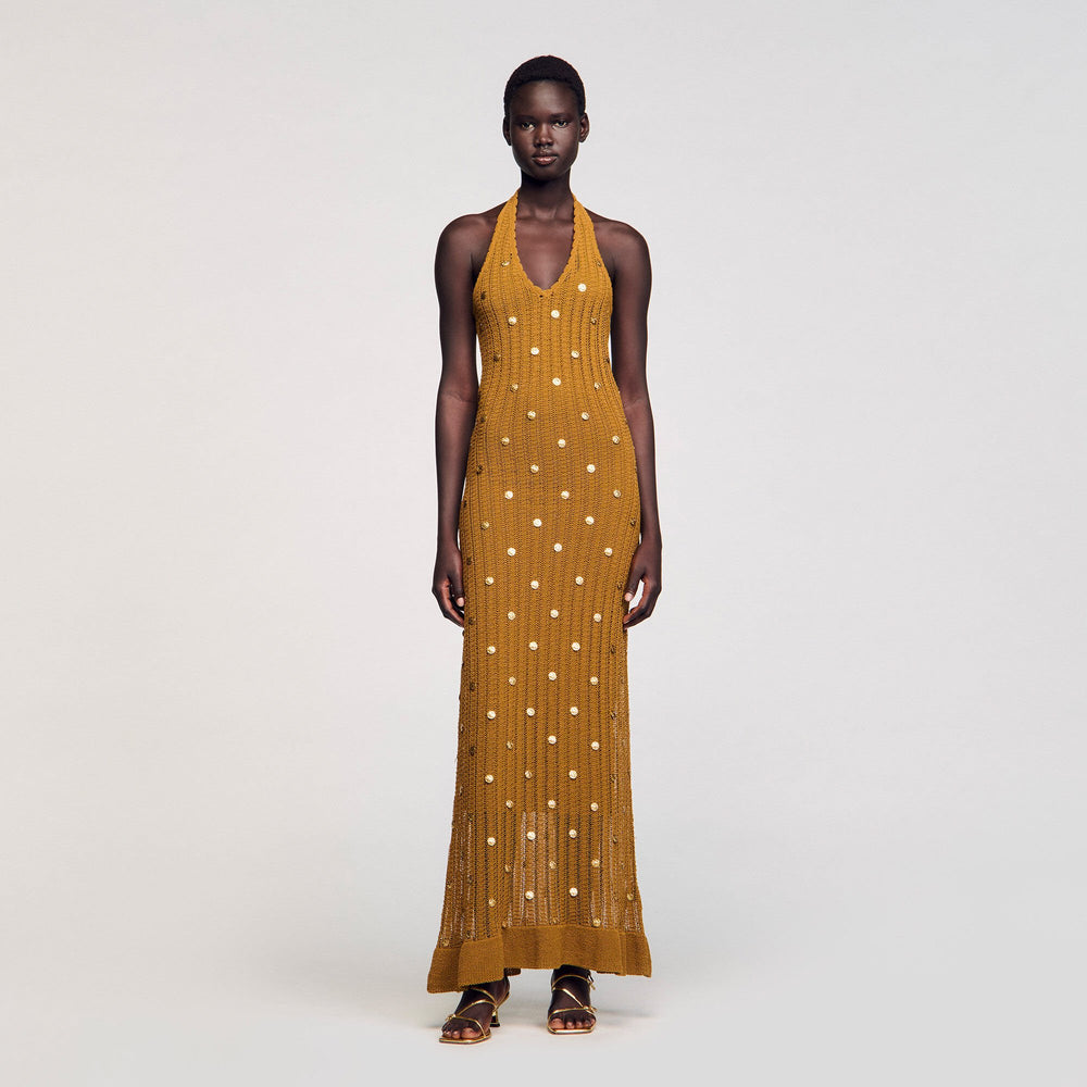 Sandro / Maxi knit dress with fringes Olive