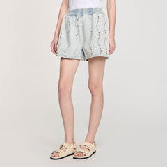 Sandro / Beaded and rhinestone denim shorts Light Bu Jean
