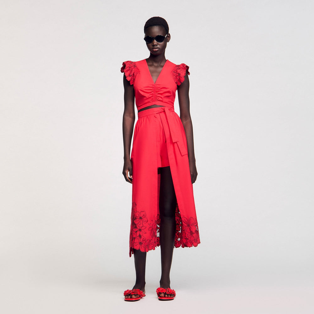 Sandro / Crop top with embroidered sleeves Red