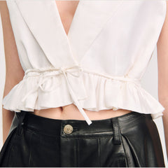 Sandro / Ruffled V-neck crop top Ecru