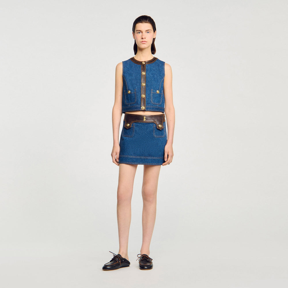 Sandro / Denim and leather top Dark Blue
