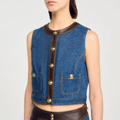 Sandro / Denim and leather top Dark Blue