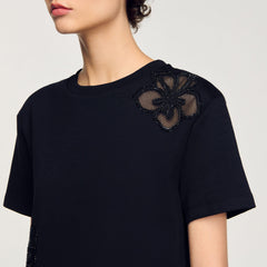 Sandro / Floral embroidery T-shirt Black