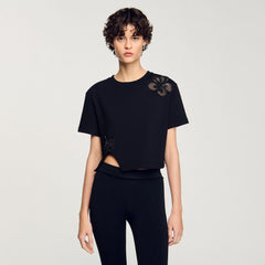 Sandro / Floral embroidery T-shirt Black