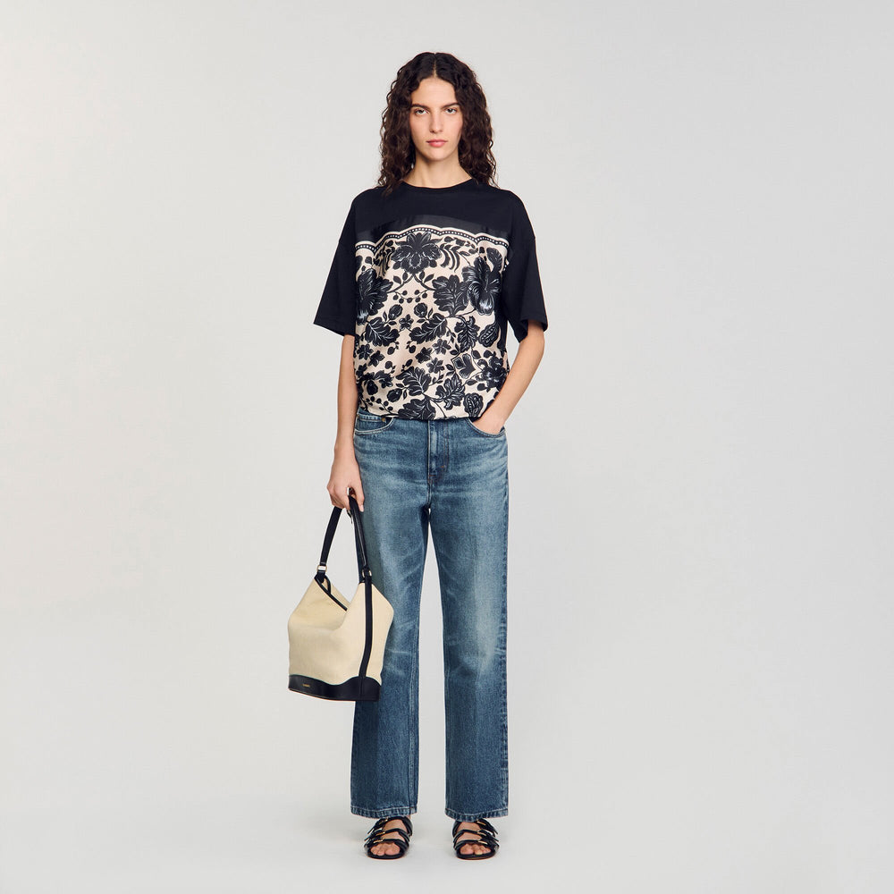 Sandro / Floral motif T-shirt Ecru / Black