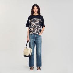 Sandro / Floral motif T-shirt Ecru / Black