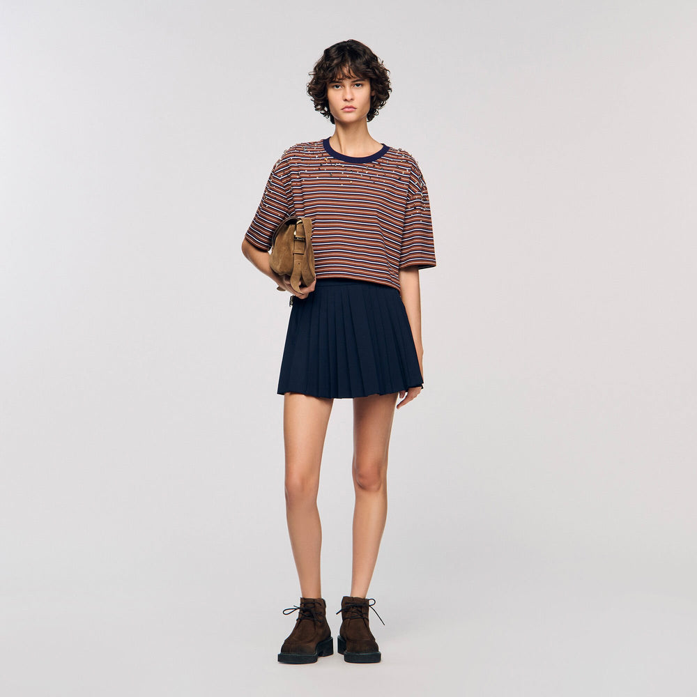Sandro / Striped rhinestone T-shirt Brown / Deep Blu