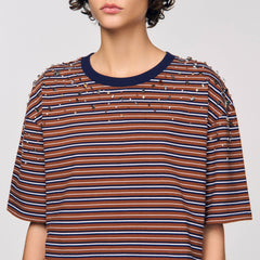 Sandro / Striped rhinestone T-shirt Brown / Deep Blu