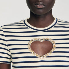 Sandro / Rhinestone heart T-shirt Ecru