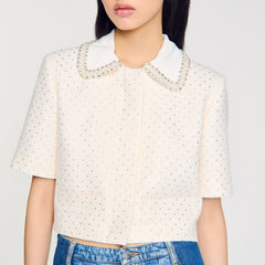 Sandro / Short-sleeved rhinestone jacket Ecru