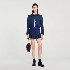 Sandro / Cropped jacket with leather collar Navy Blue
