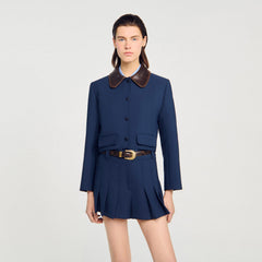 Sandro / Cropped jacket with leather collar Navy Blue