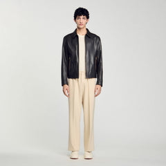 Sandro / Distressed-look leather jacket Moka.
