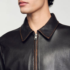 Sandro / Distressed-look leather jacket Moka.