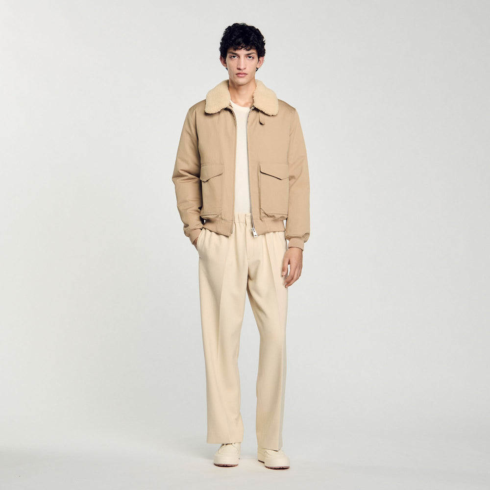 Sandro / Shearling collar aviator jacket Sand