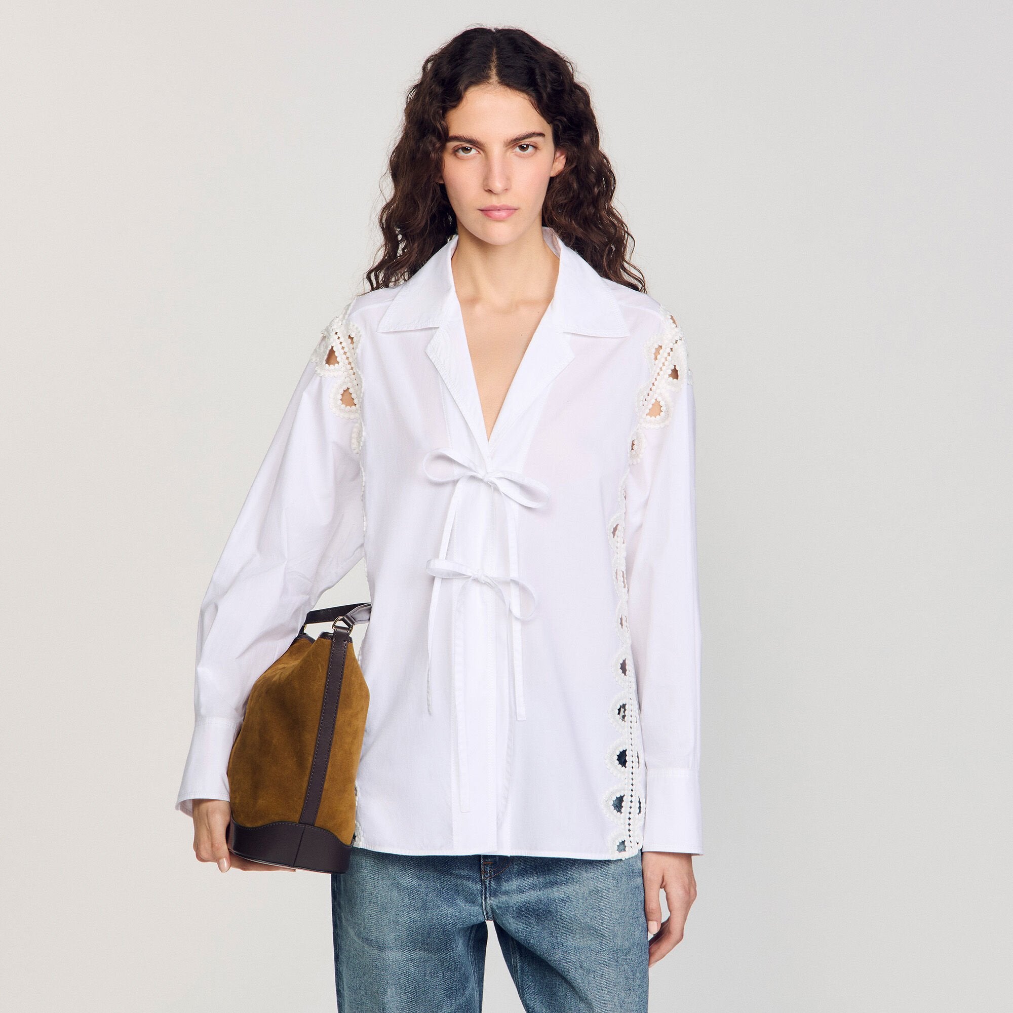 Sandro / TANGOSO suede and leather bucket bag Camel