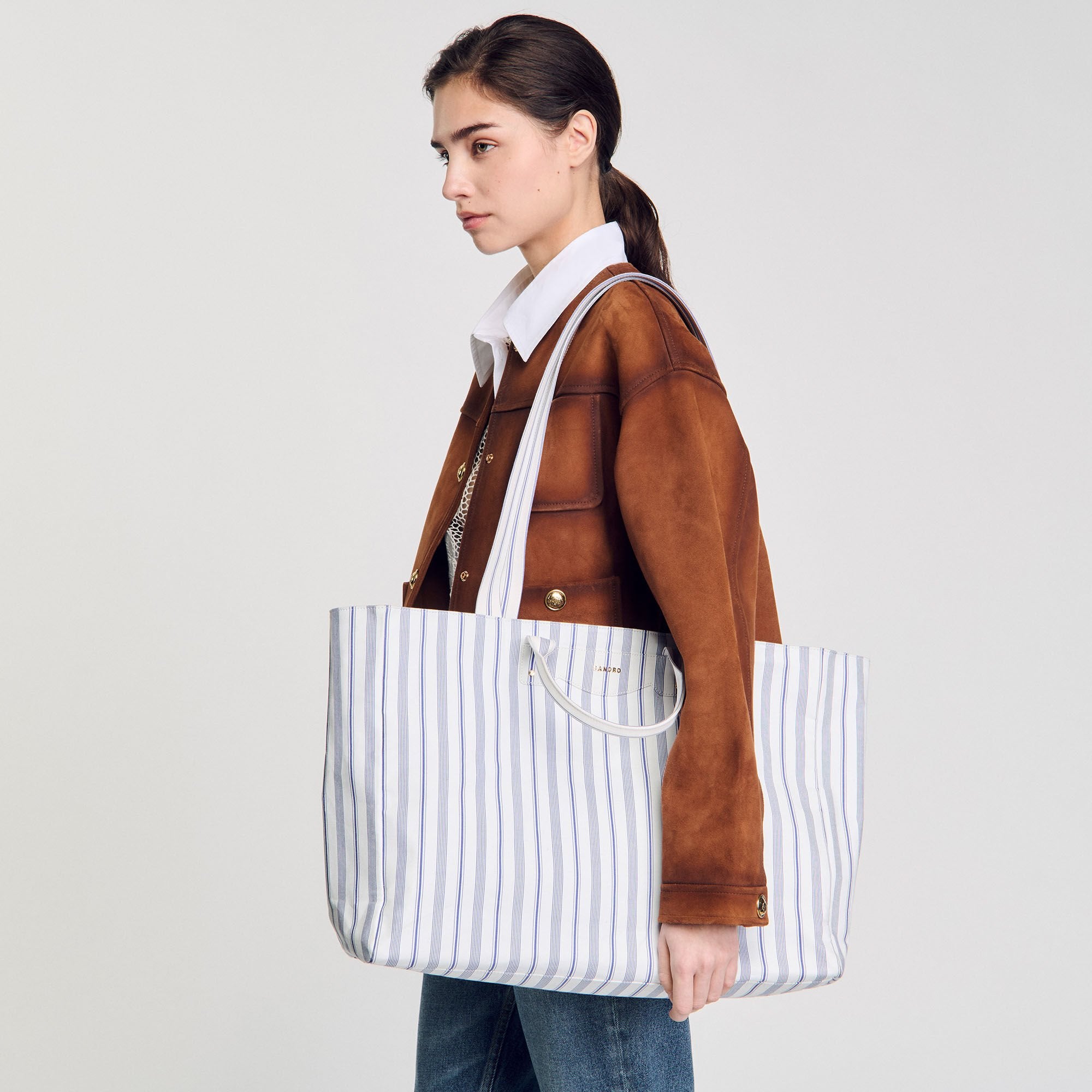 Sandro / Striped canvas tote bag Blue / Ecru