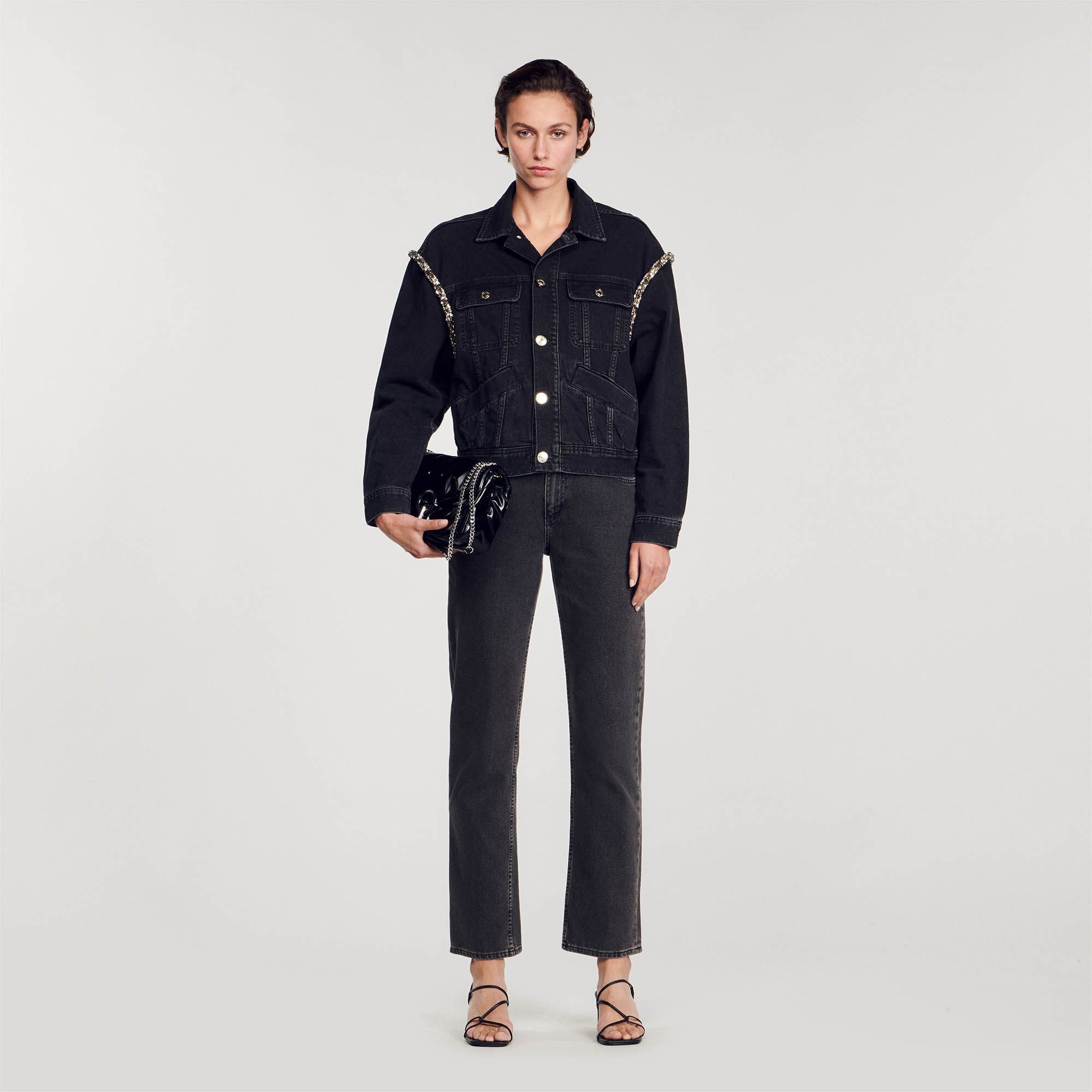 Sandro / Oversized denim jacket with rhinestones Black