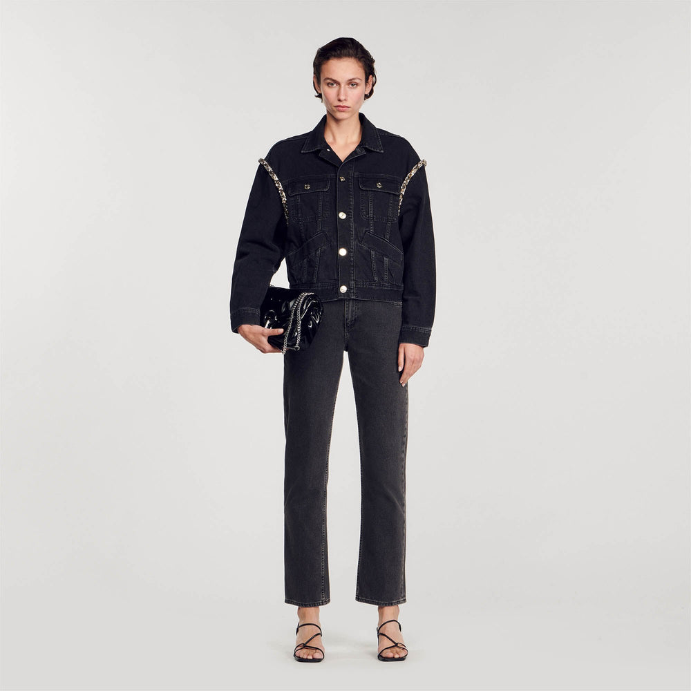 Sandro / Oversized denim jacket with rhinestones Black