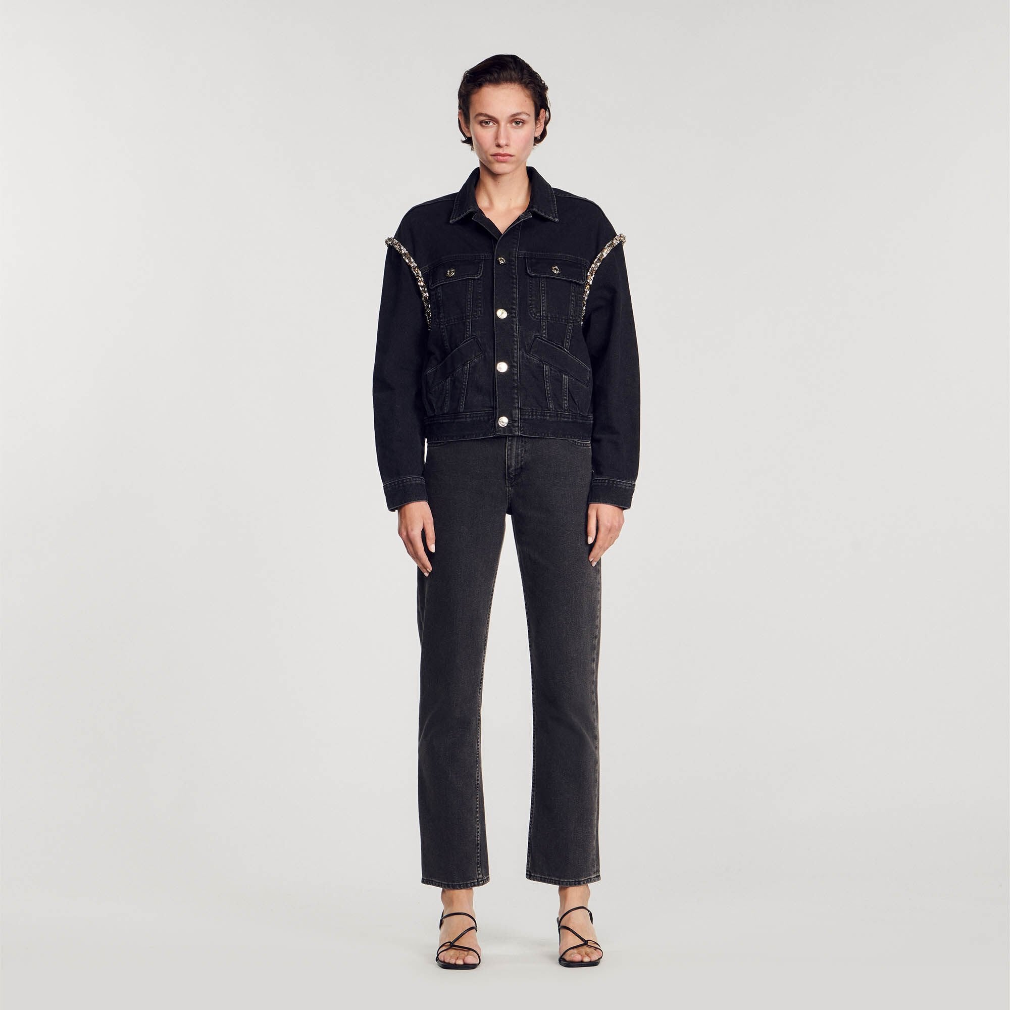 Sandro / Oversized denim jacket with rhinestones Black