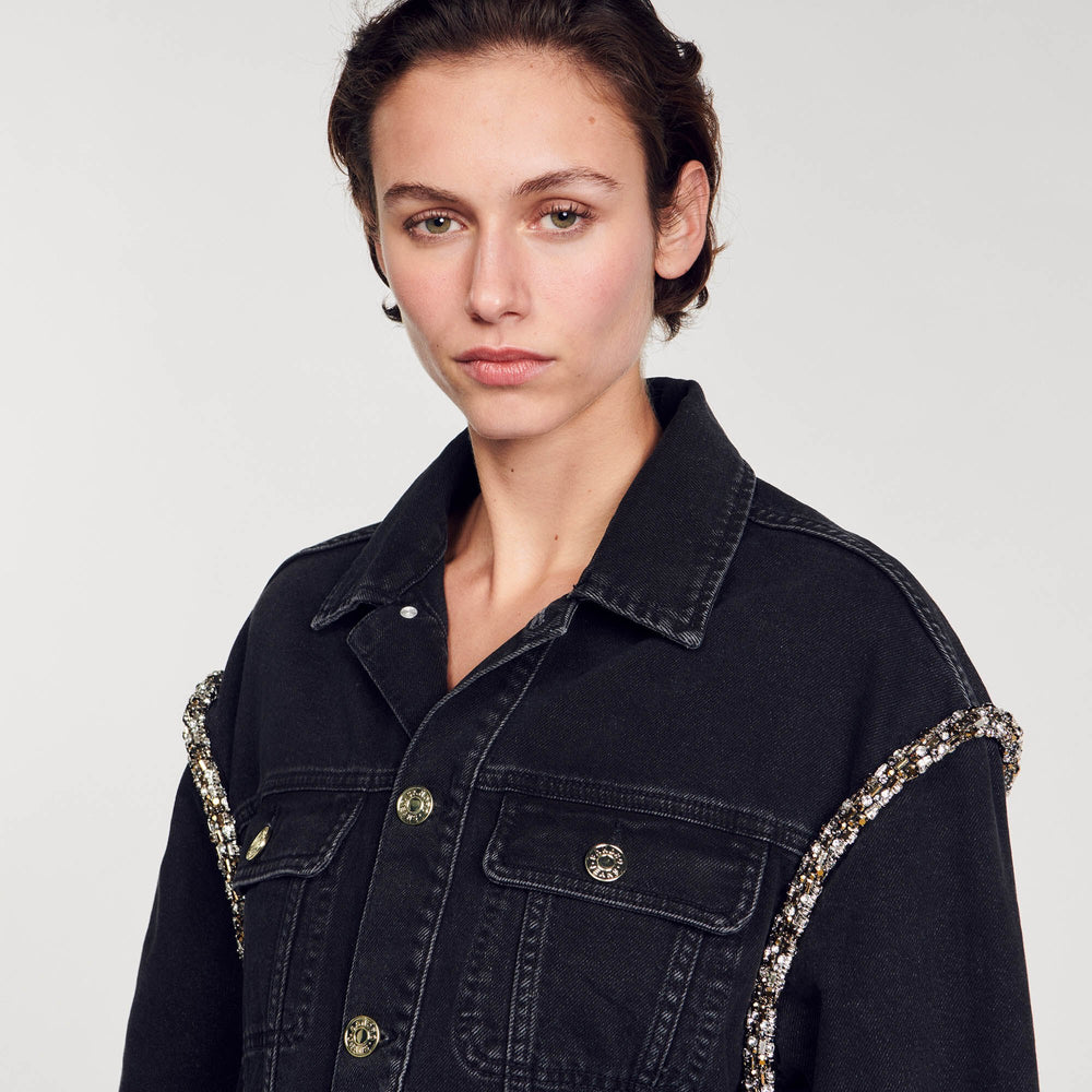 Sandro / Oversized denim jacket with rhinestones Black