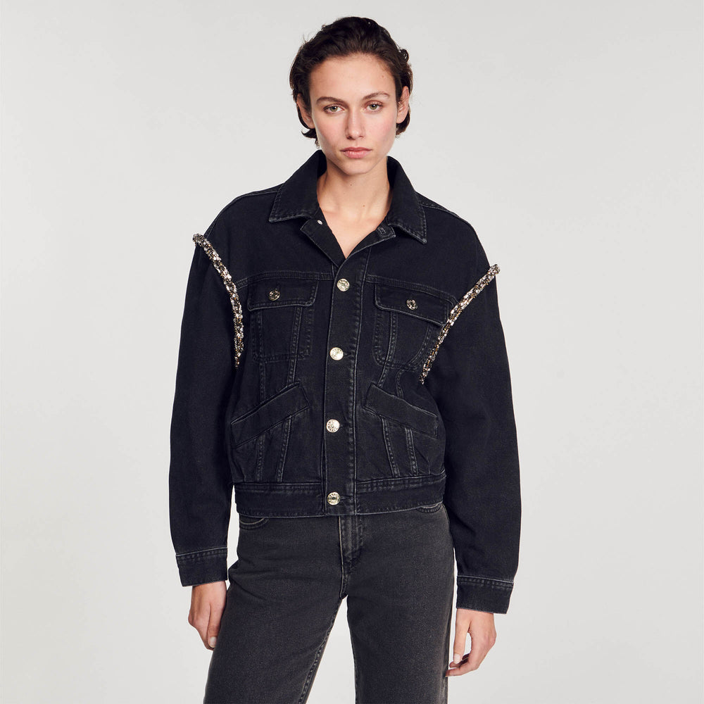 Sandro / Oversized denim jacket with rhinestones Black