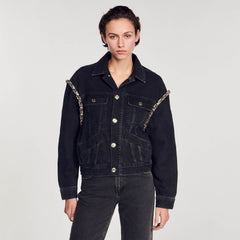 Sandro / Oversized denim jacket with rhinestones Black