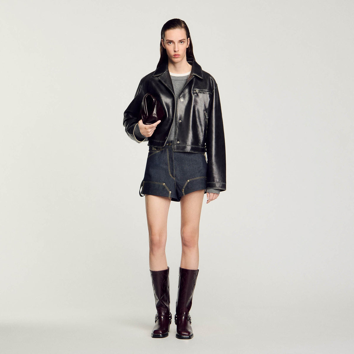 Sandro / Distressed leather jacket Black